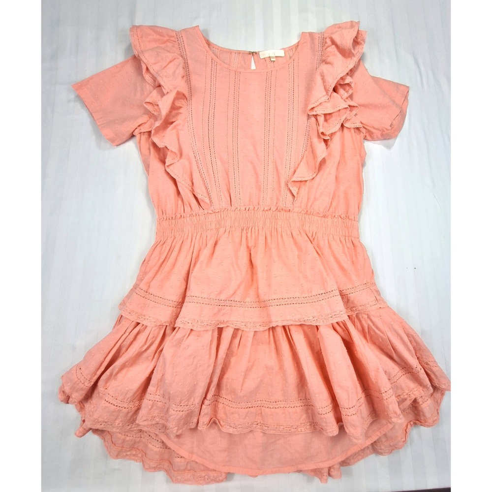 LoveShackFancy Coral Pink Dobby Dot Lace Ruffle Tiered Mini Dress Womens XL